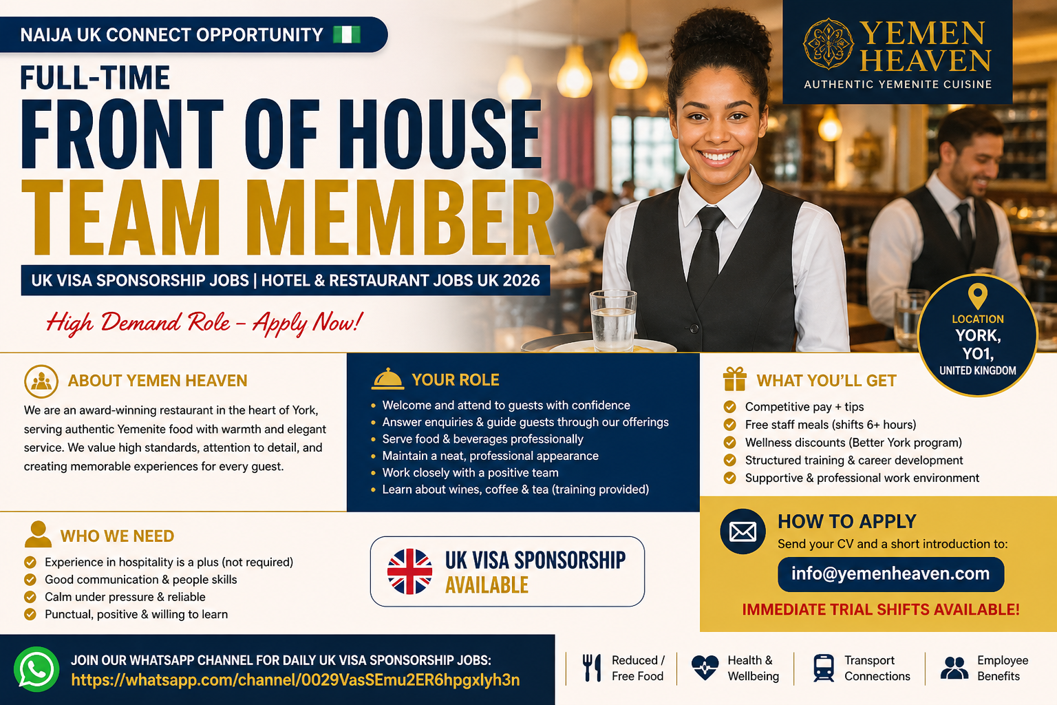 FULL-TIME FRONT OF HOUSE ROLE (UK VISA SPONSORSHIP)
