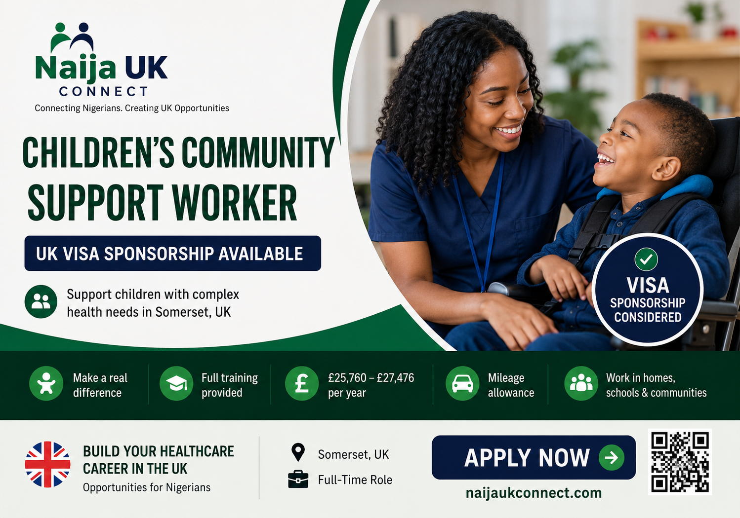 Children’s Community Support Worker – UK Visa Sponsorship Available